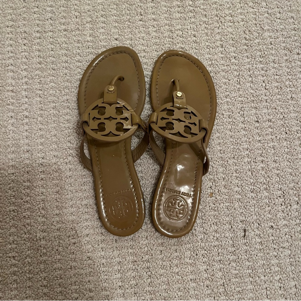 Tory Burch Brown Slide Sandals with Medallion